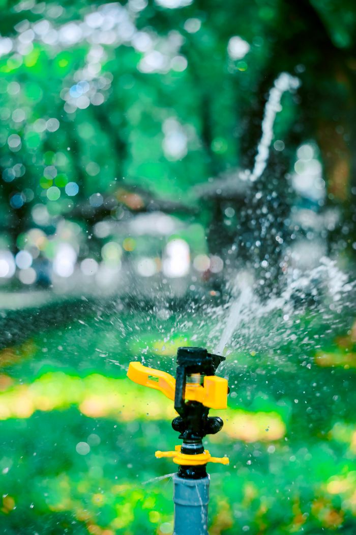 Close-up of an active water sprinkler creating a refreshing scene in a lush green garden.